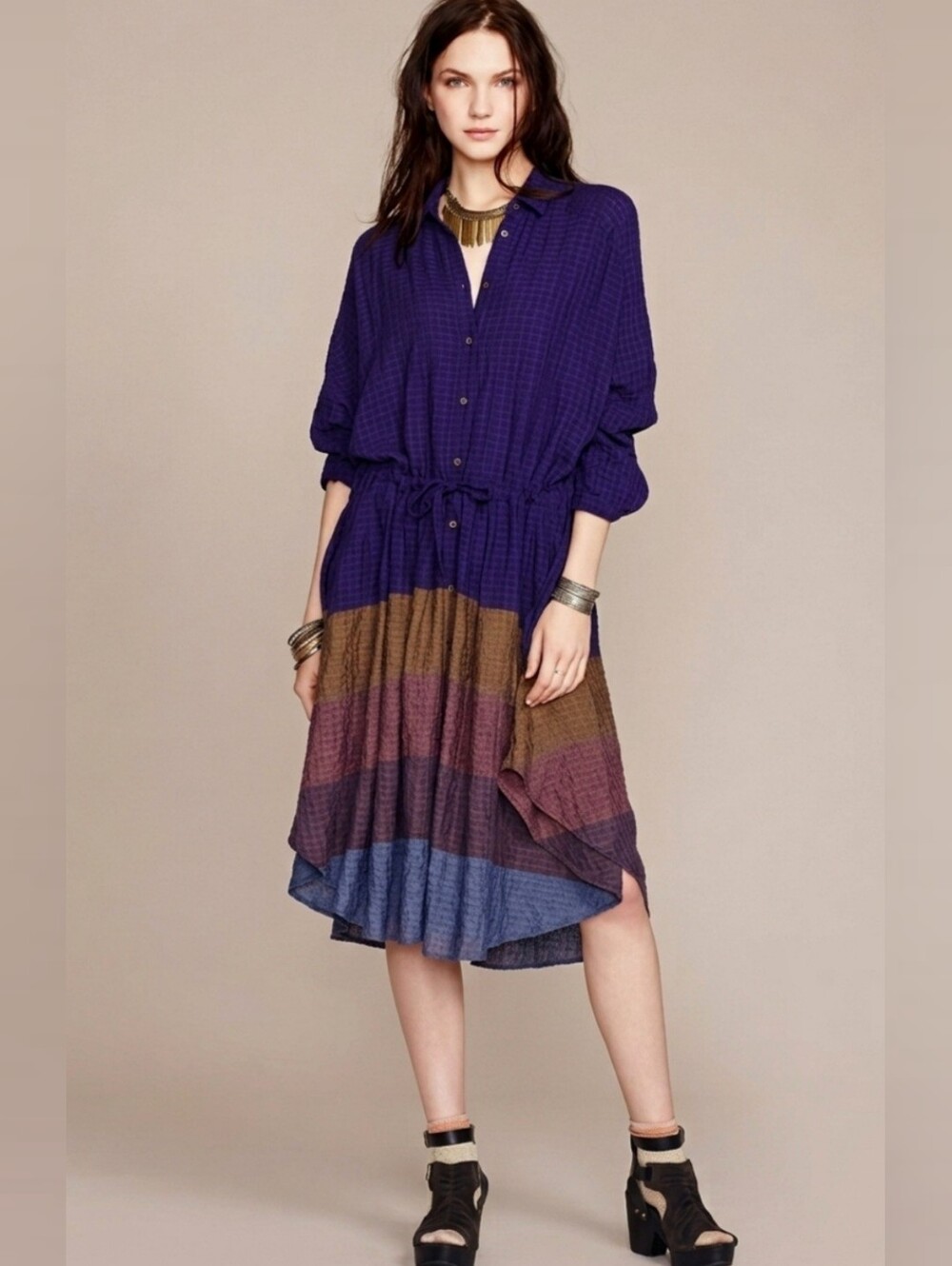 Free People Ray of Light Violet Plum Ombre Plaid Button Down Midi Shirt Dress